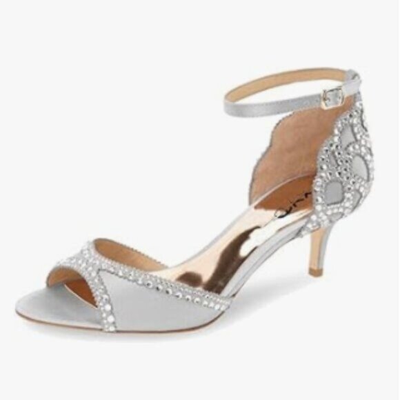 XYD Grey Chic Peep Toe D'Orsay Kitten Heel Rhinestone Studs Ankle Strap Sandal - Picture 1 of 8
